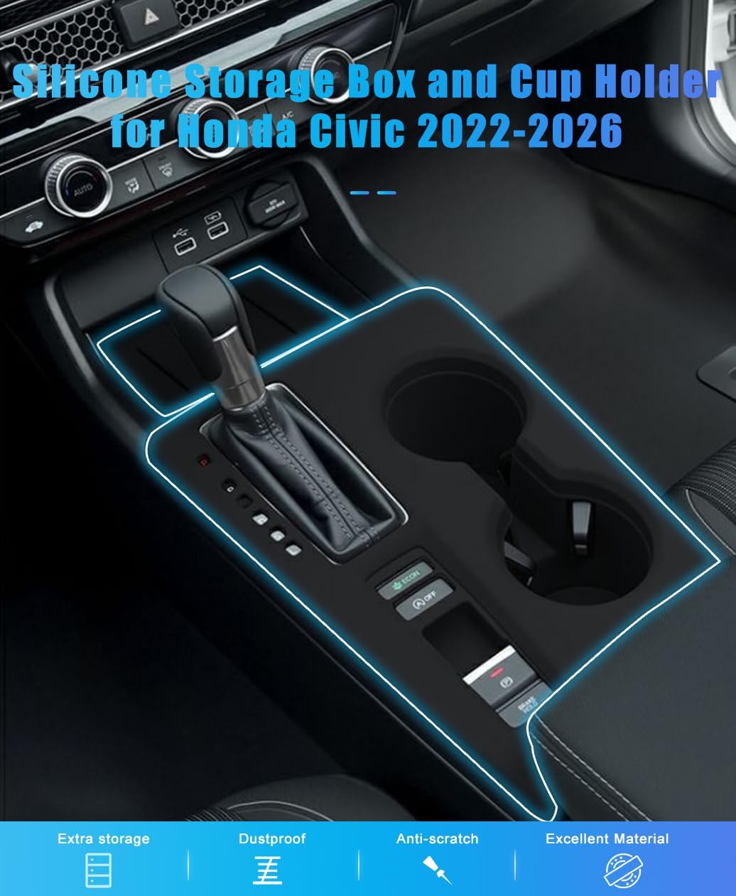for 2025 2026 Honda Civic Accessories 2022 2023 2024 Car Cup Holder Inserts and Center Console Tray Replacement, Silicone Mat Pad Drink Holder Storage Organizer(Not fit for Hybrid Sport Sedan)
