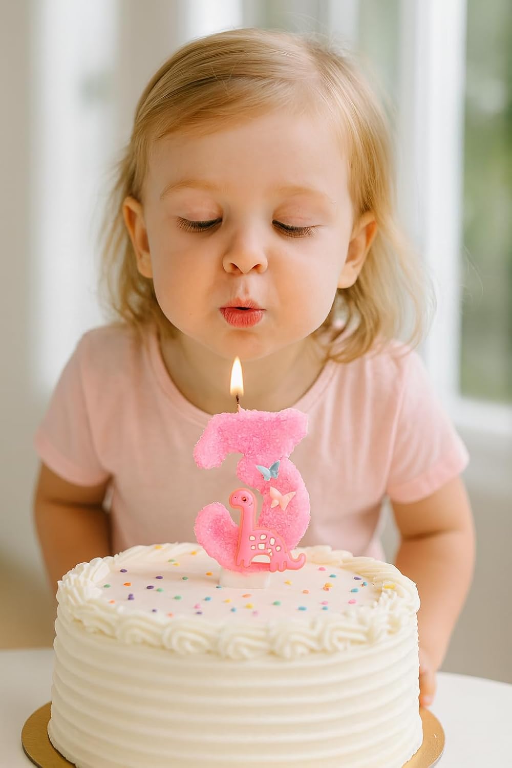 Pink Glow in the Dark Birthday Number Candles 3 with Dinosaur for Girl