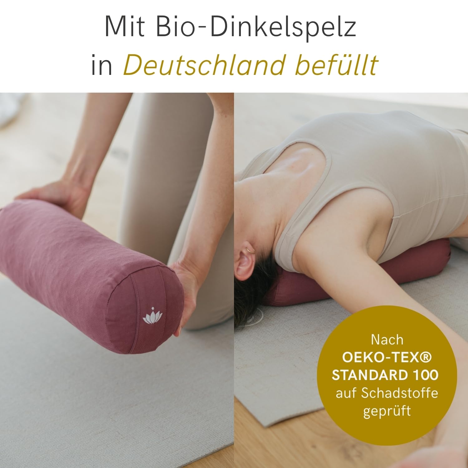 Lotuscrafts Yogarolle klein 40 x 13 cm Nackenrolle mit Bezug aus Bio-Baumwolle und Bio-Dinkelspelz GOTS zertifiziert