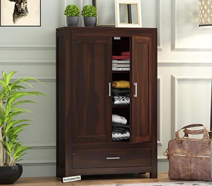 Wood World Furniture Sheesham Wood Wardrobe with 1 Drawer and 3 Shelves Storage for Bedroom Wooden Almirah for Clothes for Living Room Bedroom Home, Solid Wood Furniture (Walnut_Finish)