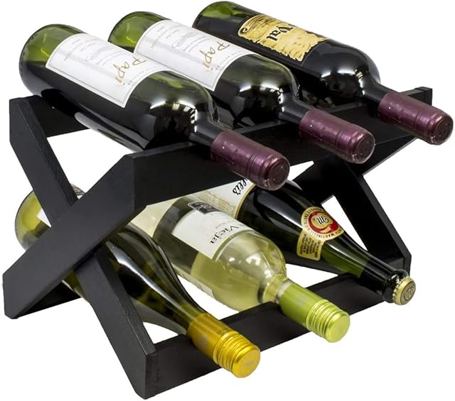 PandaGrip bamboo wine rack foldable free standing and countertop wine storage shelf 2 tier display rack (Black, 6 bottles)