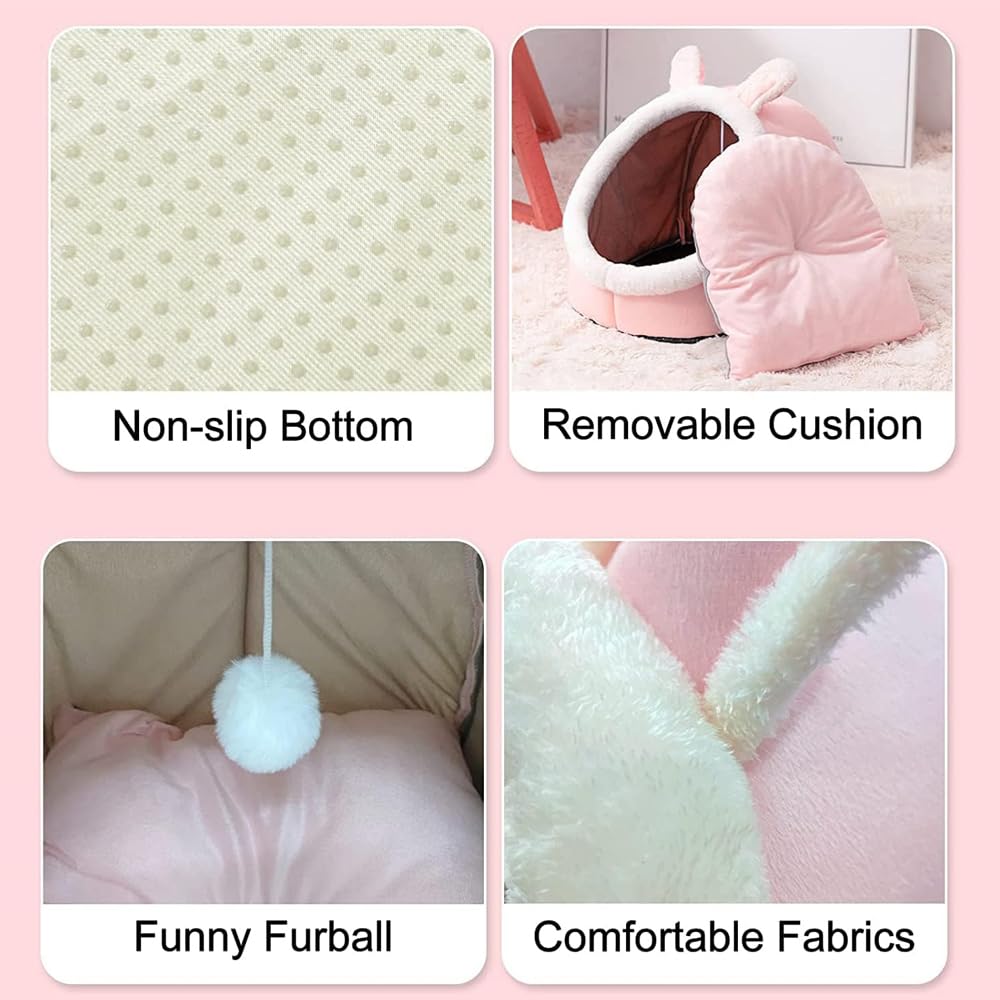 سرير قطط شبه مغلق للاستخدام الداخلي، سرير كهف للقطط قابل للحمل مع كرة مخملية وقاعدة مانعة للانزلاق، سرير للحيوانات الأليفة قابل للغسل مناسب للقطط متوسطة الحجم والكلاب الصغيرة (لون زهري، مقاس L)