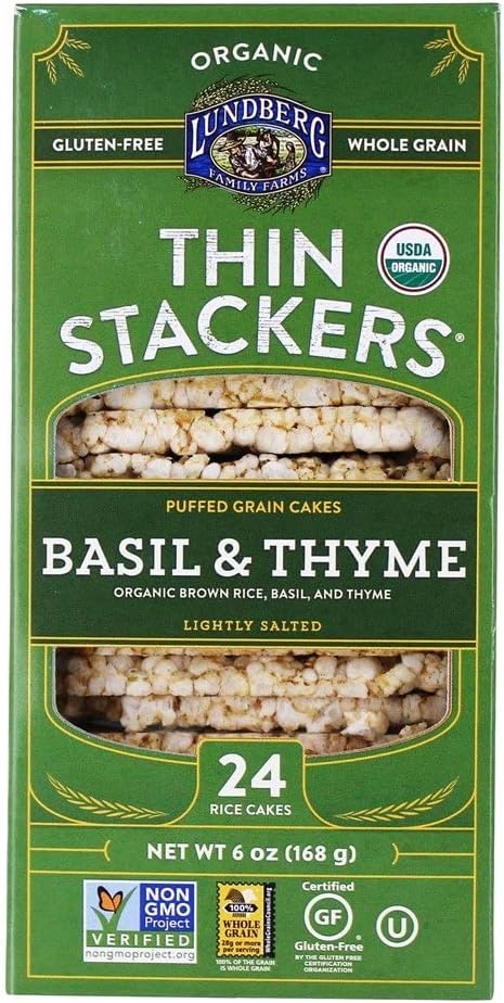 Lundberg Organic Thin Stackers, Basil & Thyme, 6 Oz, Gluten-Free, Vegan, Kosher, Usda Certified Organic, Non-Gmo Verified, Whole Grain Brown Rice, 6 Oz