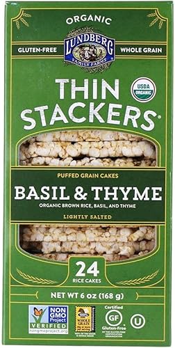 Lundberg Apiladores finos orgánicos, albahaca y tomillo, 6 onzas, sin gluten, vegano, kosher, certificado orgánico por USDA, verificado sin OMG,
