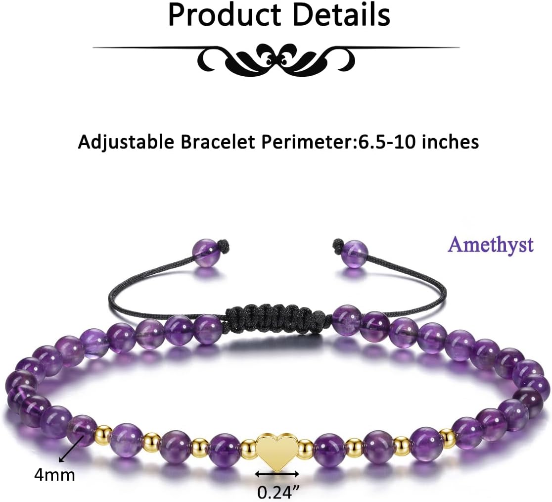 GEHECRST 2Pcs Amethyst Rose Quartz Crystal Bracelet for Women 4mm Healing Gemstone Beaded Bracelet with Gold Heart Charm Bracelets Jewelry Gifts for Lover Birthday Valentine’s Day - Image 6