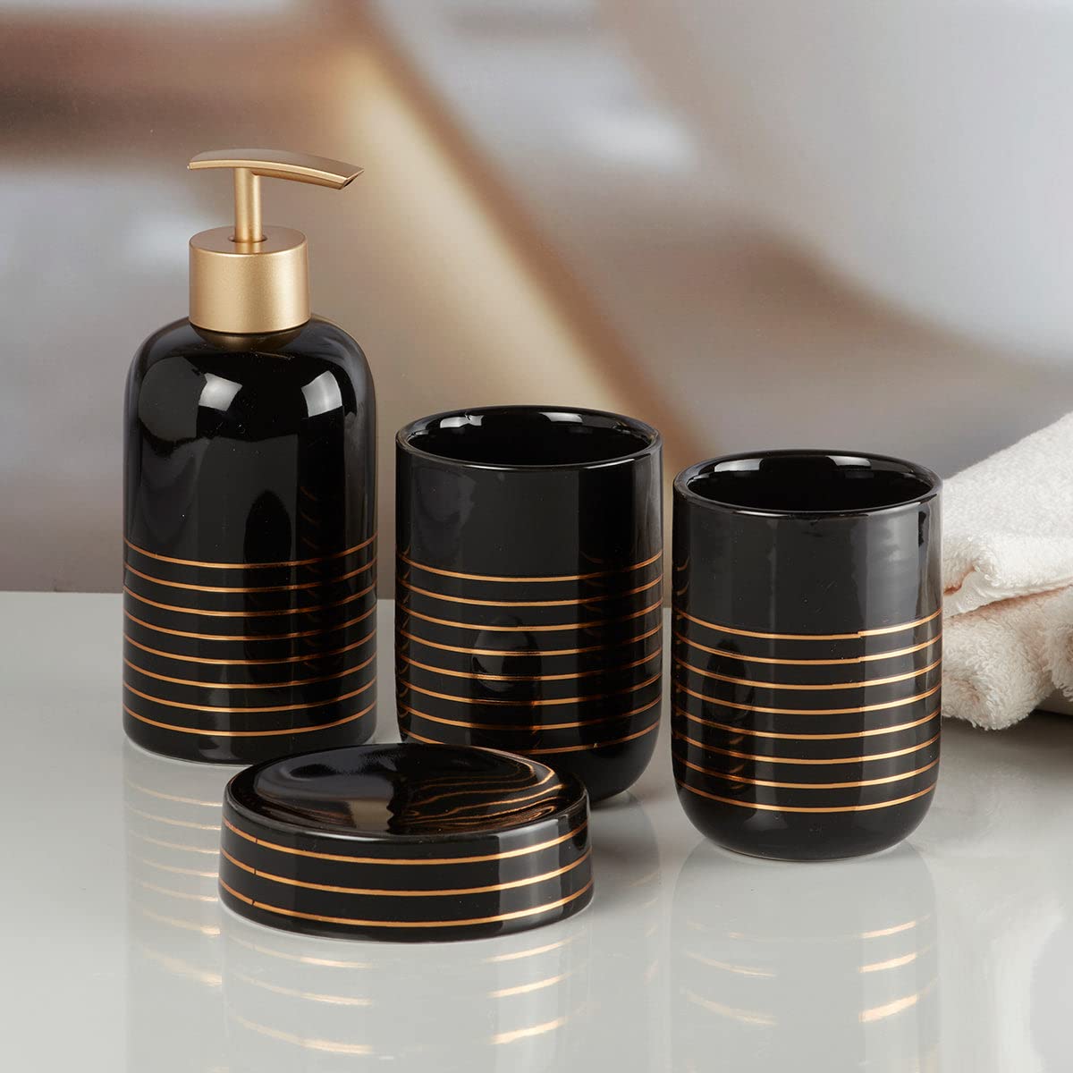 Kookee Ceramic Bathroom Accessories Set of 4, Modern Bath Set with Liquid handwash Soap Dispenser and Toothbrush Holder, Luxury Gift Accessory for Home, White/Gold (9736) (B0BCKZFYCS) Amazon Price History, Amazon Price Tracker