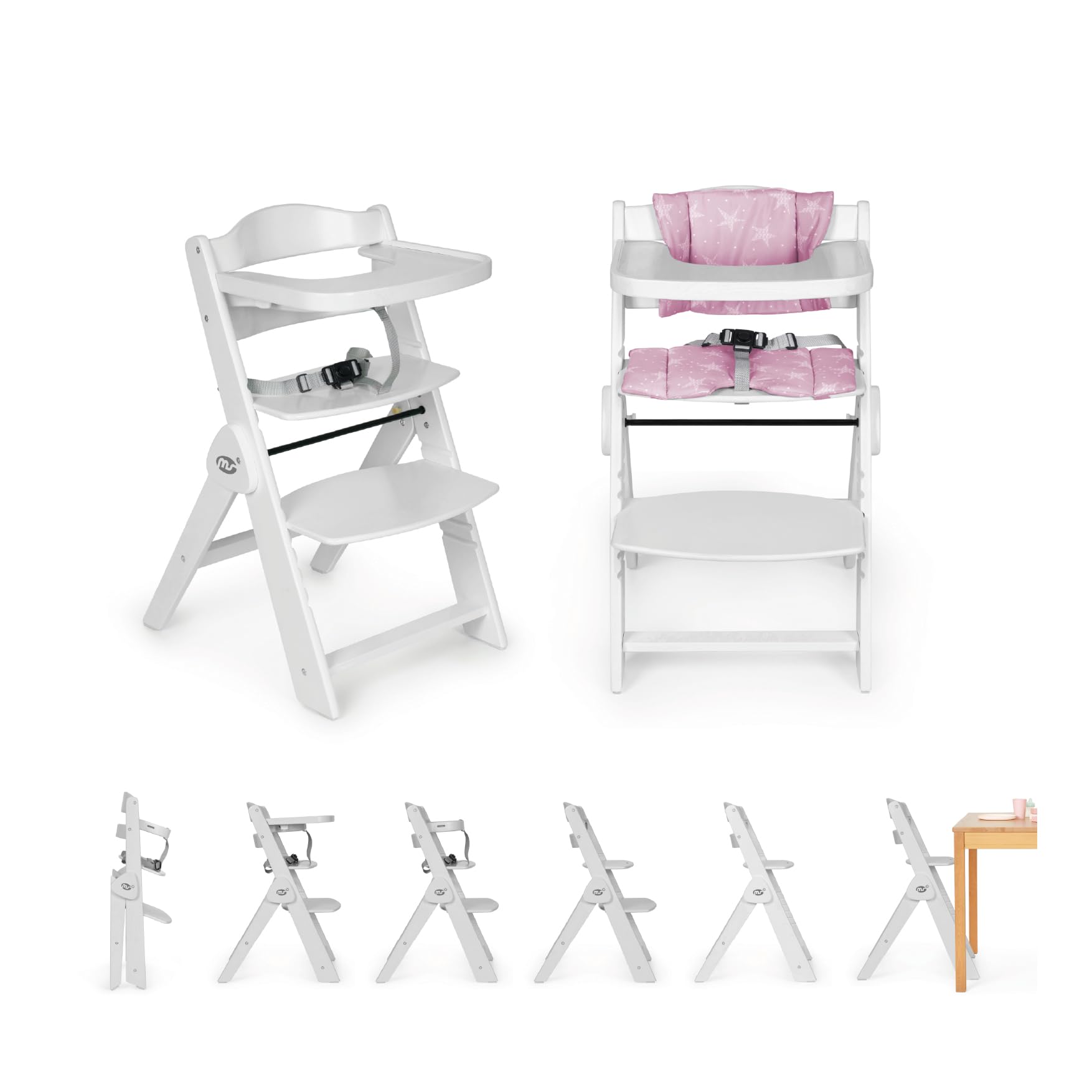 Ms BabyWorld Składane krzesło dziecięce w pełni drewniane, w pełni składane, ewolucyjne, wysokie krzesło, ergonomiczne, regulowane, bezpieczne, białe/różowe