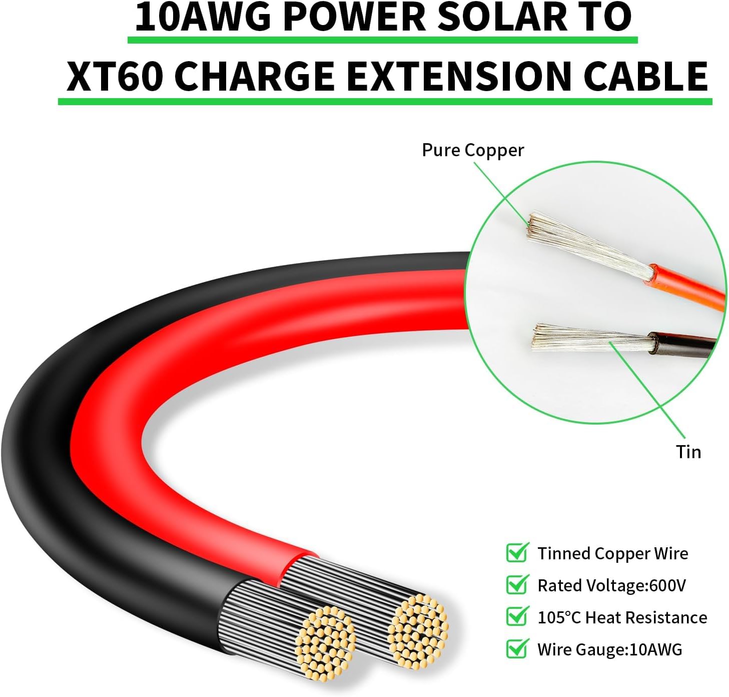 Conector de panel solar a XT60 Cable conector de 50 pies, 10 AWG Solar a XT60 Cable de extensión de carga XT60 (enchufe hembra) para panel solar plegable RV, estación de energía portátil, generador