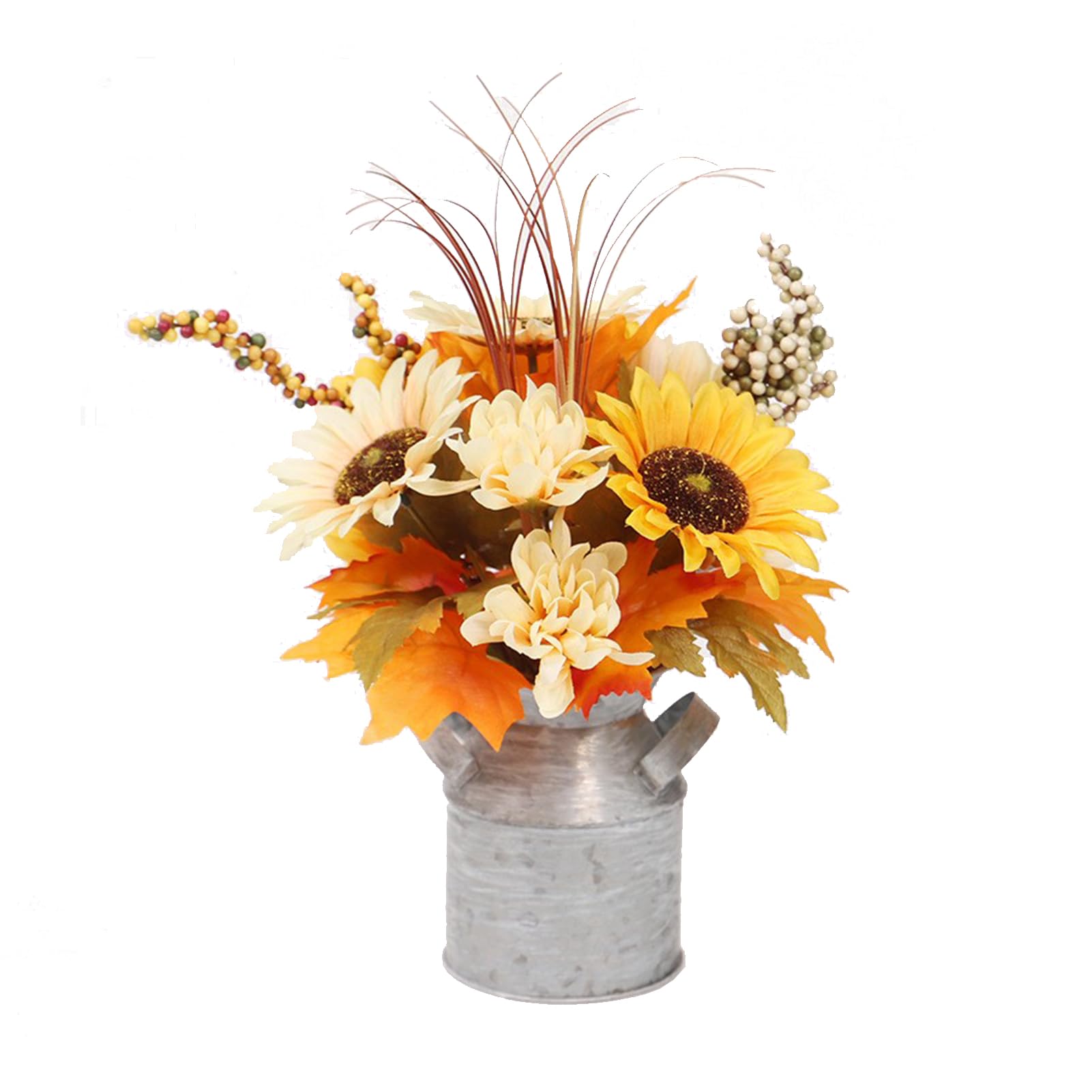 JUOPZKENN Autumn Iron Bucket Simulation Potted Plants,Orange Flowers Fall Room Decor Fall Vase Floral Arrangement Autumn Fake Bouquet Pot for Home Kitchen(Sunflower-Champagne)