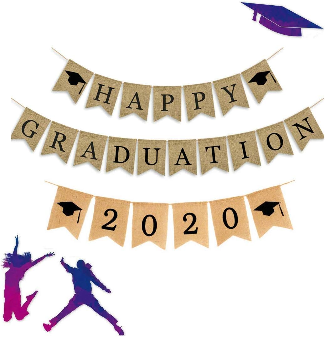 JUNICON Happy Graduation 2020 Burlap Banner, Rustic Vintage Burlap Graduation Party Supplies 2020, Graduation Decorations for Graduation Grad Home Party, Congratulations Sign