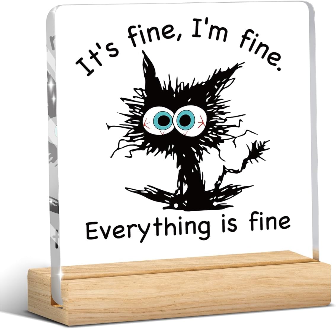 Black Cat Decor, Funny Desk Decoration, Office Accessories Gifts for Coworkers Employee Appreciation Gifts It's Fine I'm Fine Everything is Fine, Cute Humor Dumpster Acrylic Desk Decor