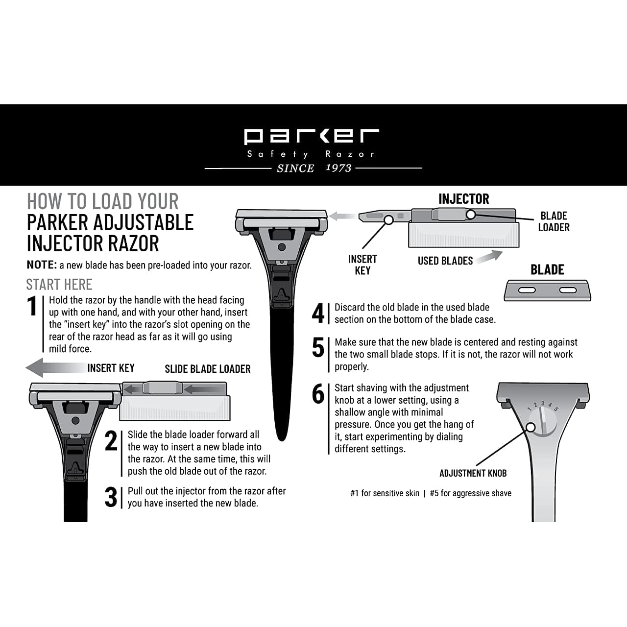 Maquinilla de afeitar de seguridad de inyección ajustable Parker - 20 hojas de maquinilla de afeitar de inyección Parker incluidas - Personalice su afeitado con un giro del dial