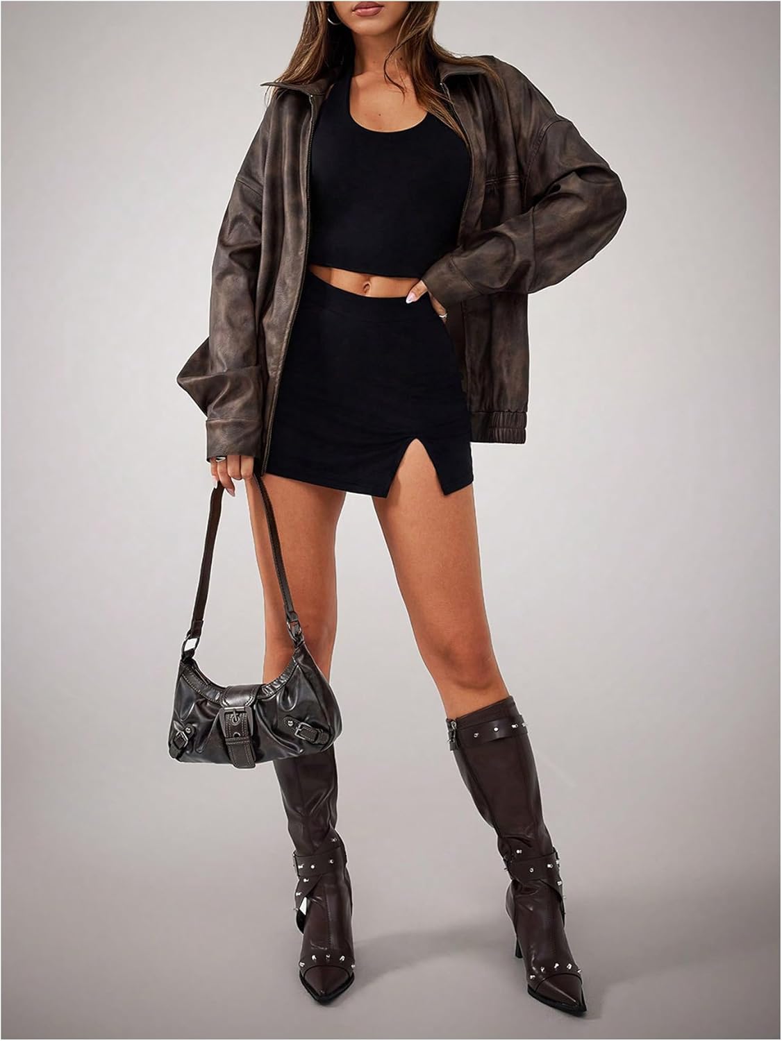 Milumia Women's Faux Leather Bomber Jacket Zip Up Collared Long Sleeve Oversized Coats - Image 5