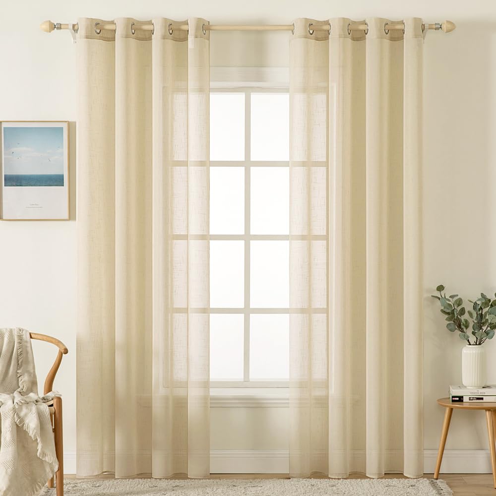 MIULEE Cortinas de Lino Cruzada Visillo Color Puro Translucido de Dormitorio Moderno Decoracion Transparente para Ventana Sala Cuarto Dormitorio Comedor Cocina Salón 2 Hojas 140x245cm Beige