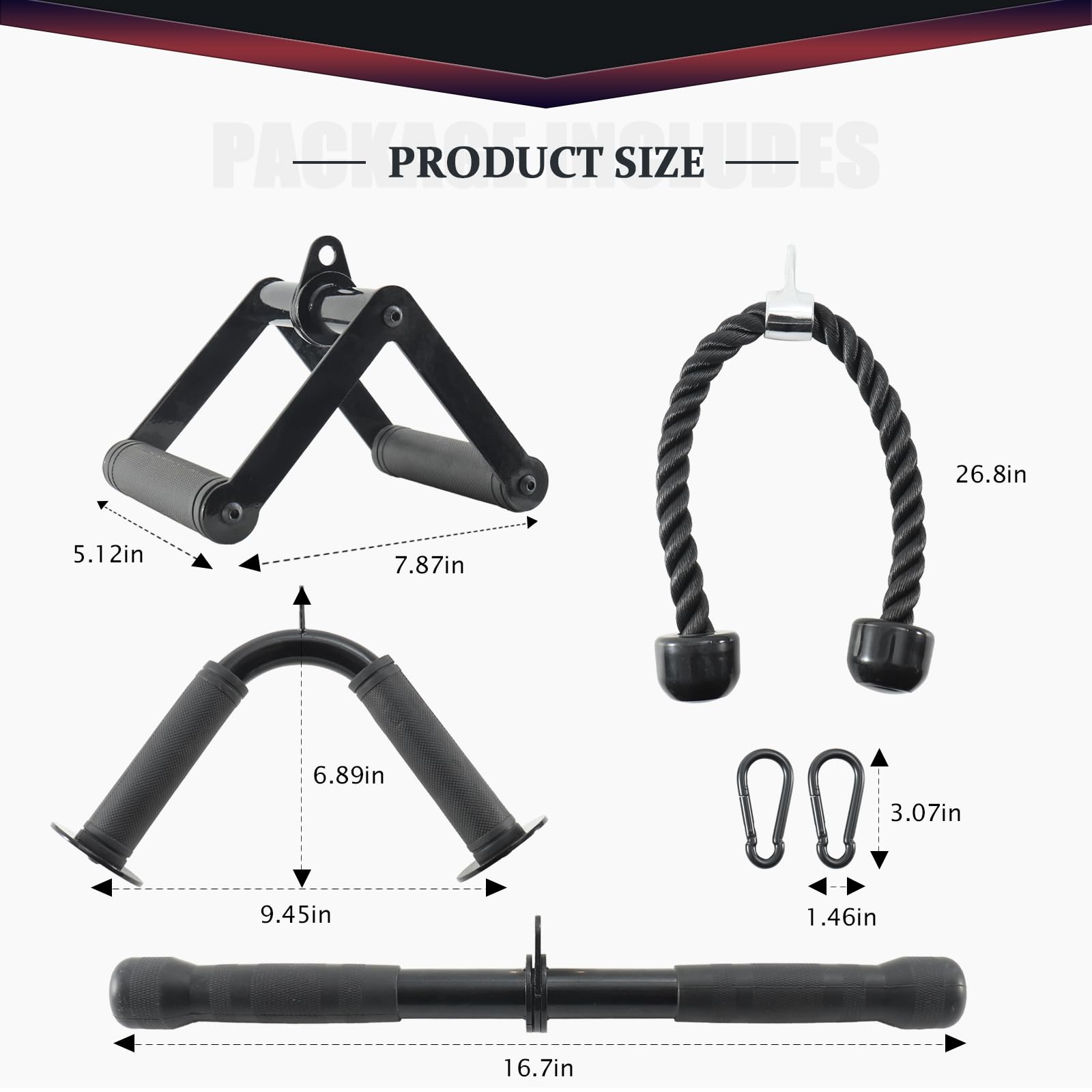 Set di accessori per macchina da Palestra, 4 pezzi in Acciaio, Cavo per Tricipiti, Impugnatura a V, Impugnatura a Sella, Barra Dritta + 2 Ganchi per Allenamento a casa