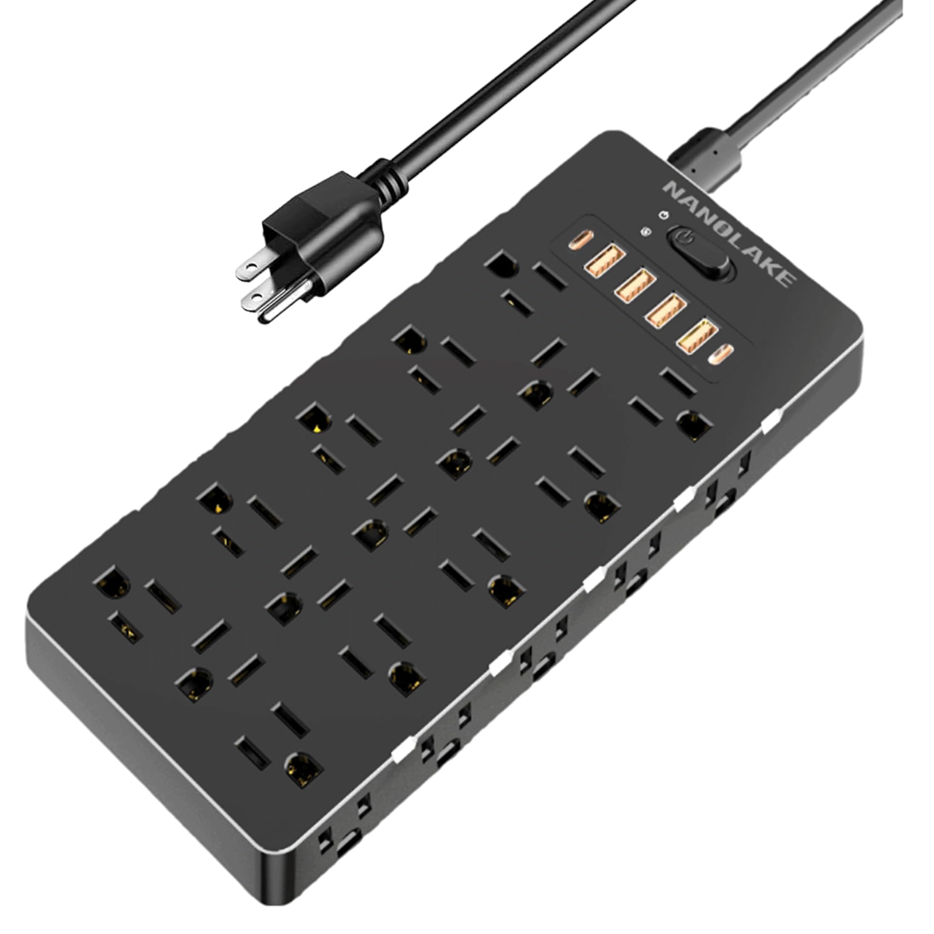 Nanolake 20 Amp Power Strip Surge Protector,Heavy Duty 12 Gauge 6.5 ft Extension Cord,25 AC Outlets,6 Fast USB Ports,4000 Joules,2000W/100V,Office Workshop Household Garage Black