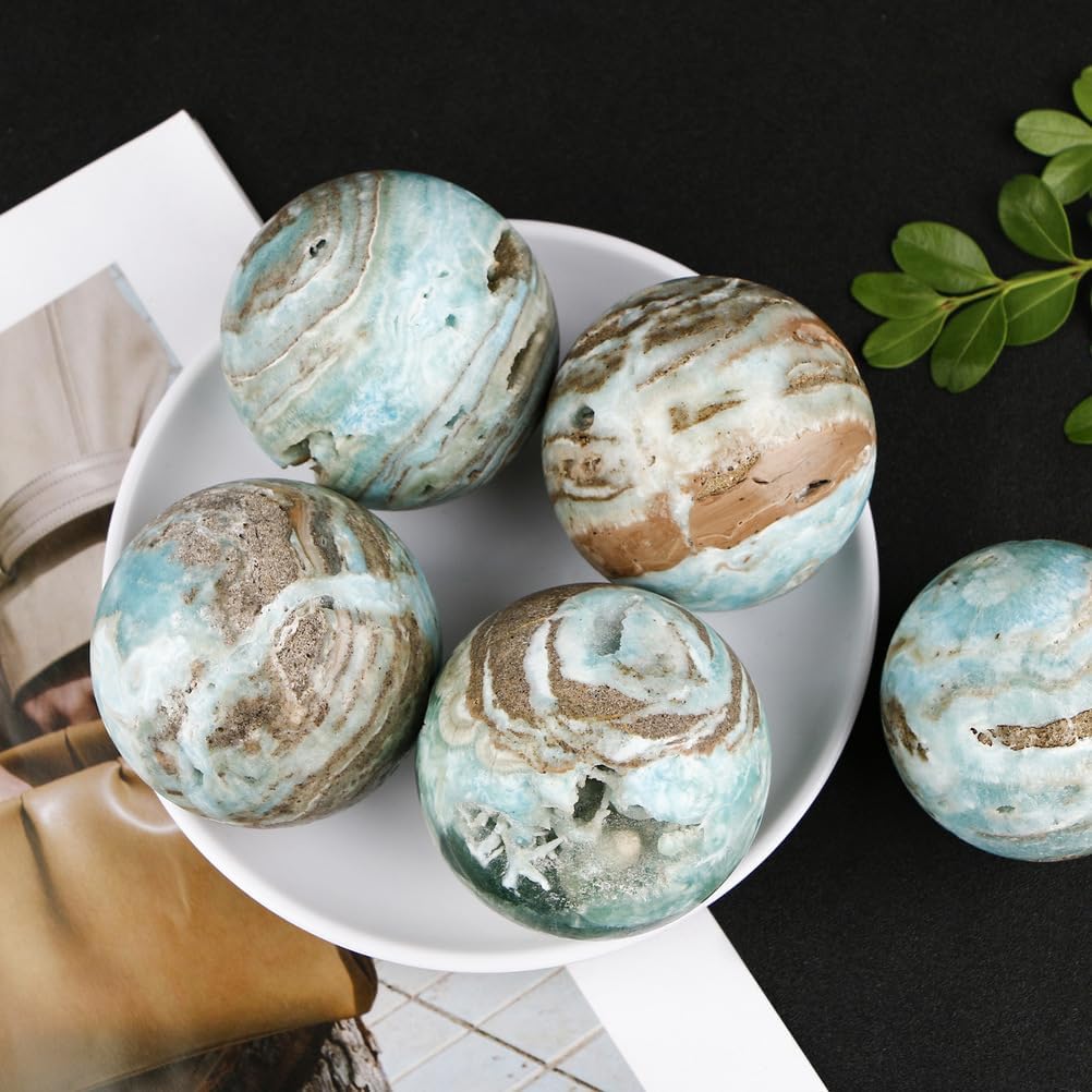 Blue Hemimorphite Stone Crystal Ball Ornament with Stand, Blue Pattern Sphere for, Home & Office Feng Shui Decor,70~80mm