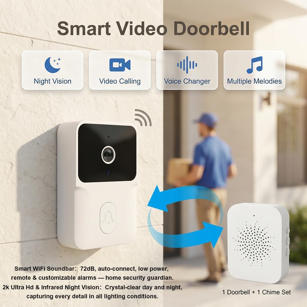 Timbre de vídeo WiFi 1080P con cámara y visión Nocturna, Audio bidireccional, instalación fácil, detección de Movimiento,Seguridad Inteligente para el hogar，Se Requiere suscripción