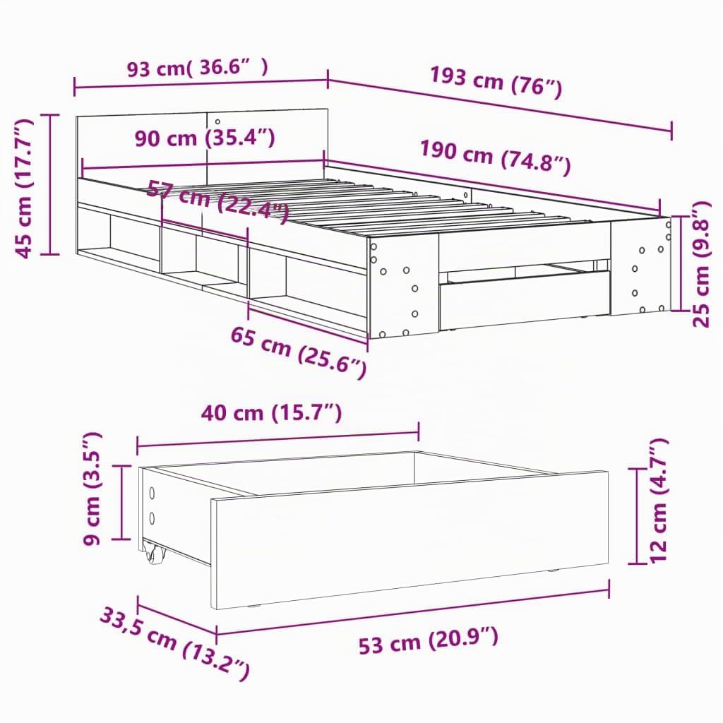 vidaXL Cama con cajón Madera de ingeniería Blanca 90x190 cm, Cama, Cama con almacenaje, Estructura de Cama Individual, Cama Individual
