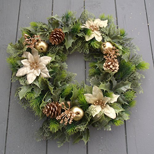16 inch Artificial Gold Poinsettia / Holly Christmas Wreath for indoors and outdoors by A1-Homes Cover