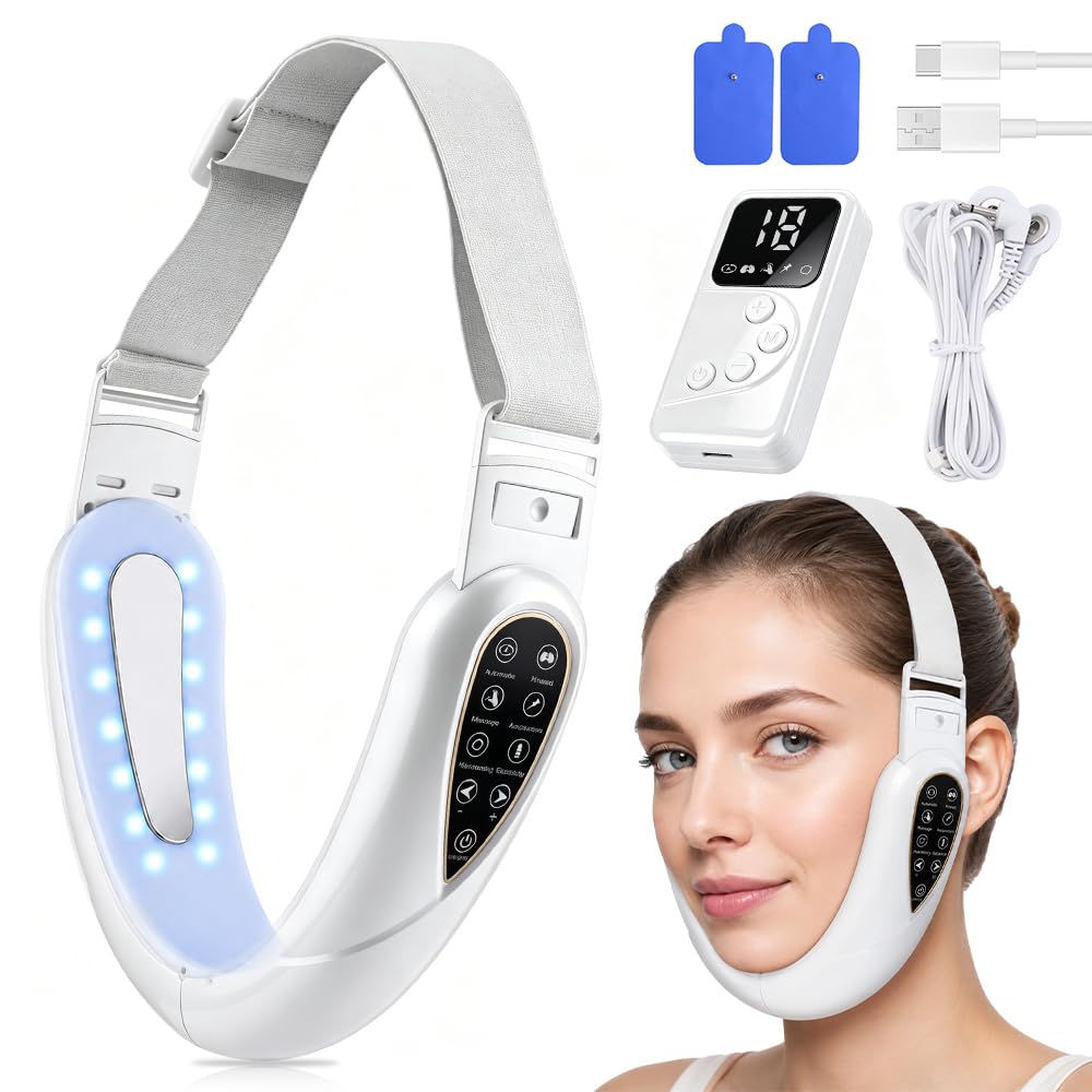Gesichtsmassagegerät Doppelkinn, Elektrisches V-Face Shaping Massager mit 5 Modi & 15 Intensitätsstufen, Klappbar Doppelkinn Entferner mit Fernbedienung für schlanke Kieferlinie, Weiß