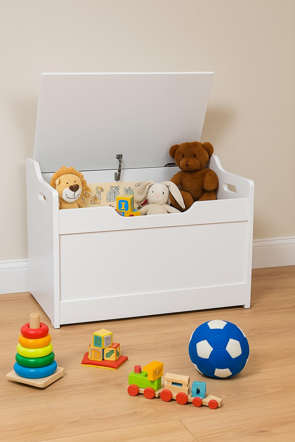 HomeZone Wooden Toy Box Strong & Hardwearing White Storage Chest for Kids’ Bedrooms & Nurseries, Durable Ottoman for Children’s Toys. Ideal Present For Expecting Parents Baby Shower
