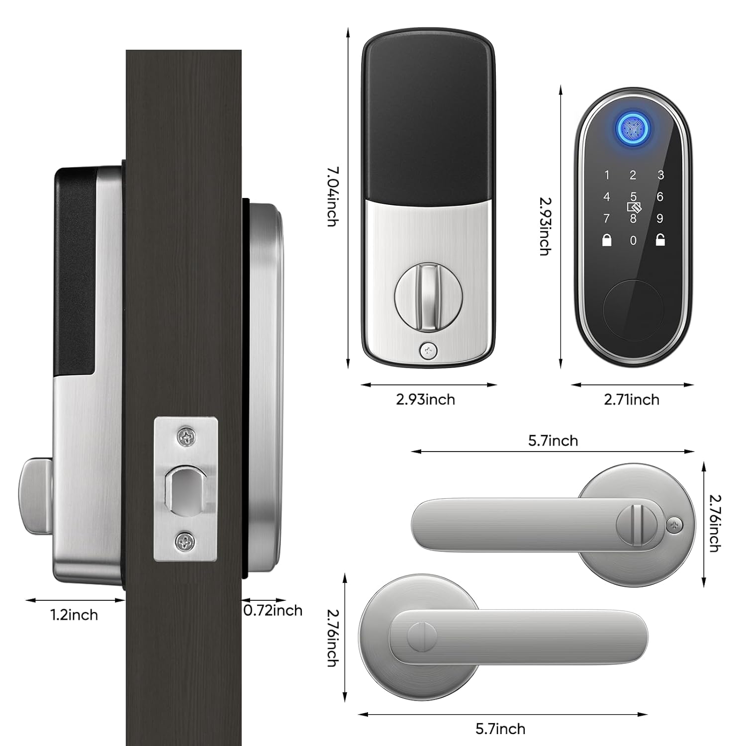 Keyless Entry Door Lock with 2 Lever Handles, Smart Locks for Front Door, Fingerprint Smart Deadbolt, App Control, Electronic Keypad, Auto-Lock, Satin Nickel