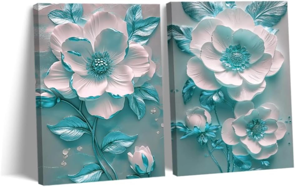 CCWORKERRY White and Teal Flower Canvas Wall Art for Living Room Set of 2 Botanical Floral Pictures Abstract Floral Painting Artwork Framed(Teal,16"x24"x2Pcs)