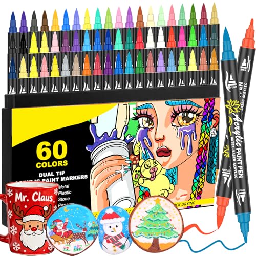 60 Colours Dual Tip Acrylic Paint Pens Set -Acrylic Markers with Brush & Fine Tip for Rock Painting, Wood, Glass, Ceramic, Stone, Fabric, Art Projects, DIY Crafts, Acrylic Paint Pens & Acrylic Markers