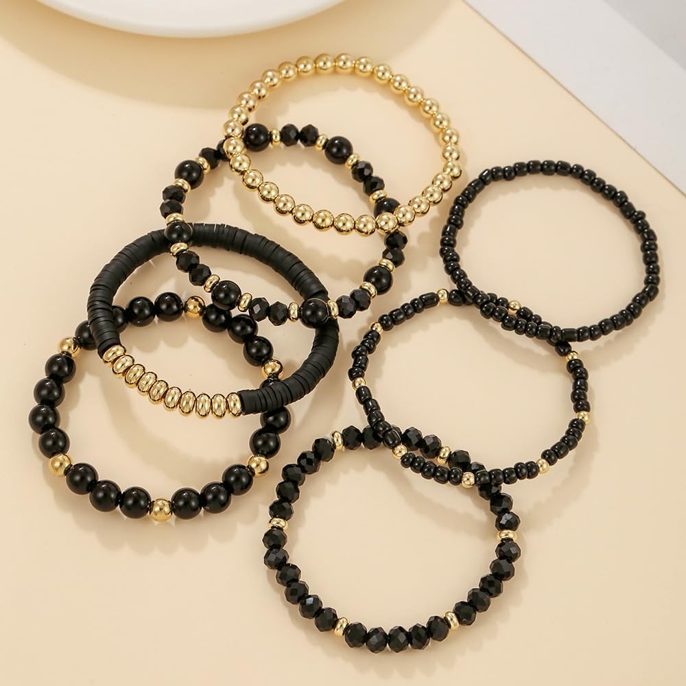 Caiyao Bohemia Multilayer Stackable Crystal Beaded Bracelets Set Colorful Surfer Heishi Clay Gold Beaded Friendship Stretch Bracelets for Women Men Summer Beach Boho Vacation Jewelry Gifts - Image 2