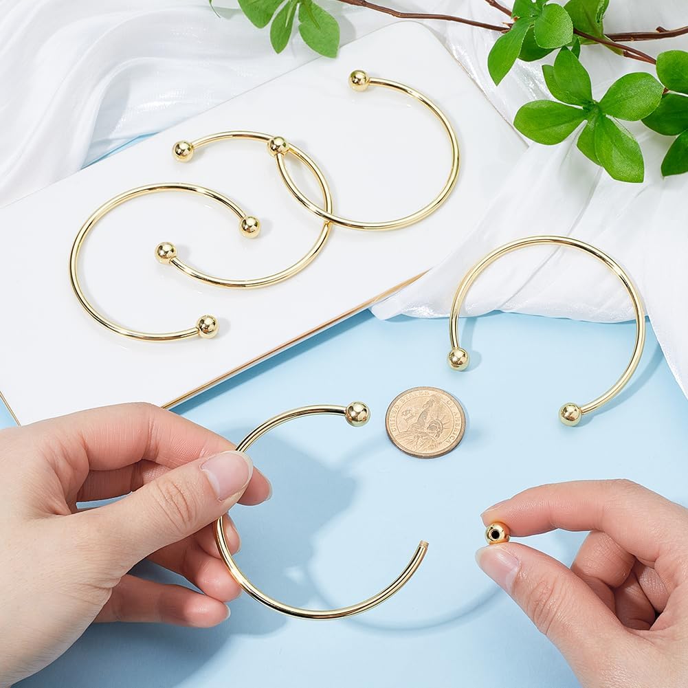 Beebeecraft 6Pcs 18K Gold Plated Brass Cuff Bangle Findings Open Bangle Bracelets with Screw Beads Half Open Cuff for DIY Jewelry Making
