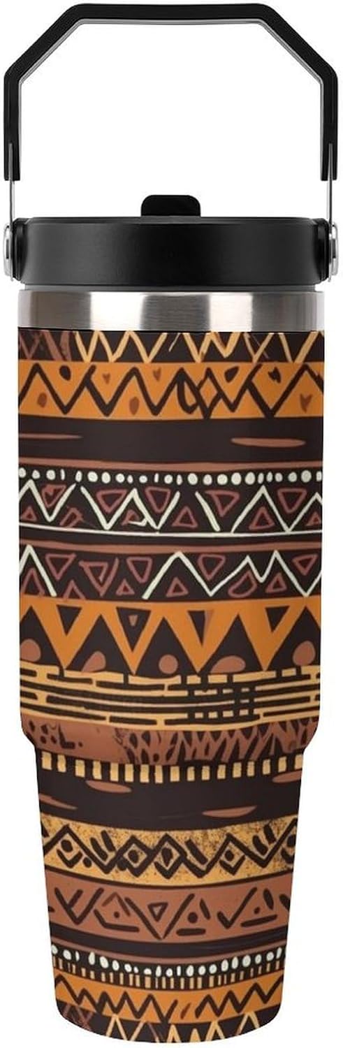 African Mud Cloth Tribal Water Bottle 30 Oz Fits Car Cup Holder,Insulated Coffee Mug Large Capacity Car Cups,Stainless Steel Double Wall Sport Bottle for Travel Sports Gym