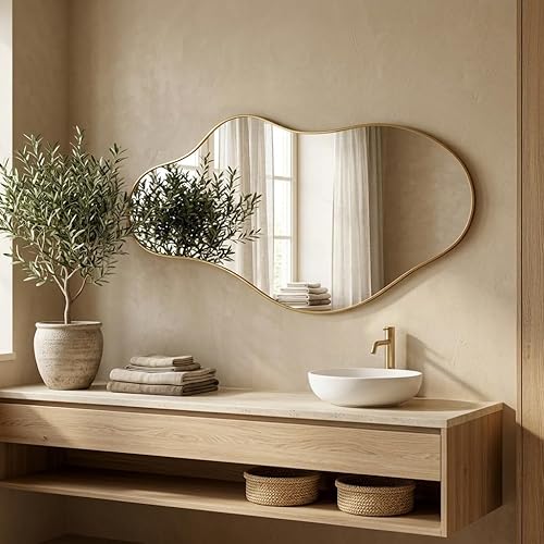 Irregular Wall Mirror 22"x40" Gold Abstract Asymmetrical Mirrors for Wall, Decorative Wavy Mirror for Entryway, Bedroom, Cloakroom, Living Room, Aluminum Alloy Frame