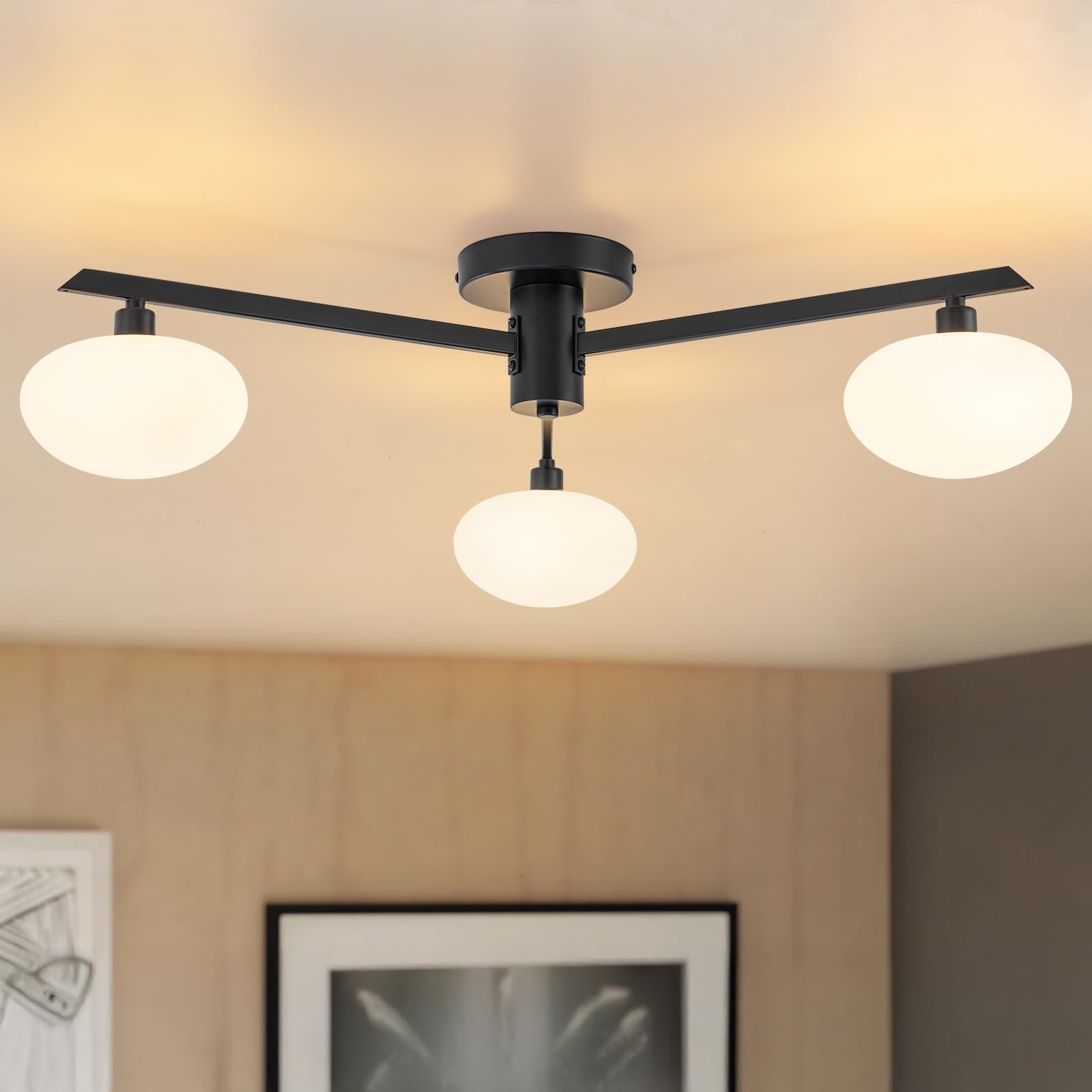 Photo 1 of Phunchoo 3-Light Mid Century Modern Ceiling Light 22.5" Black Semi Flush Mount Ceiling Light with Milk Glass Shade for Bedroom, Entryway, Hallway, Kitchen lsland, Dining Room & Living Room