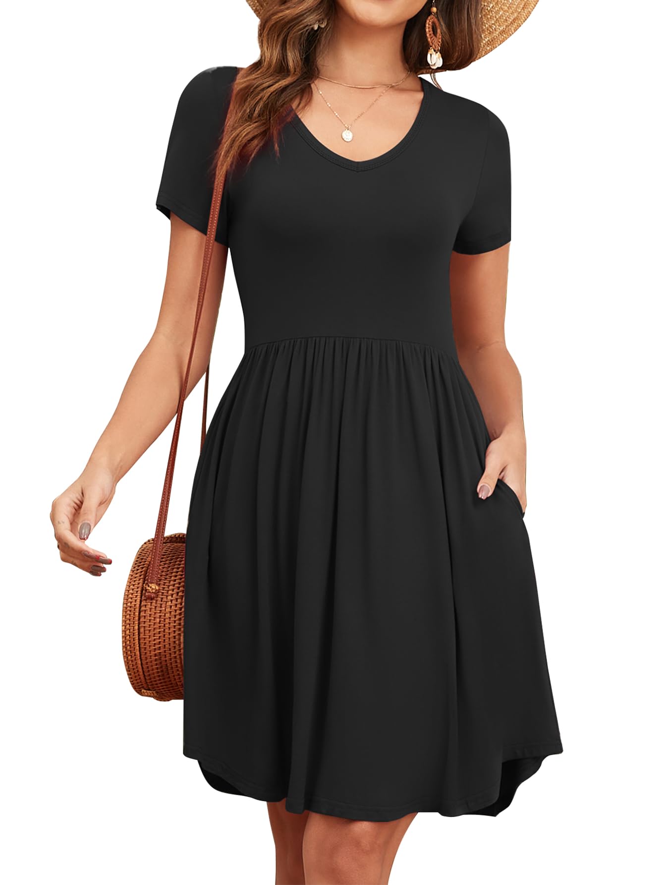 Women's 2026 Summer Short Sleeve Dresses Casual Loose Fit Swing T Shirt Dress V Neck Sundress with Pockets