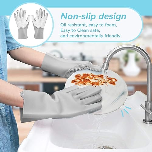Miniatura 3 de WINMORE Guantes de silicona mejorados para lavar platos, puntas de los dedos con cepillo de limpieza de cerdas, resistentes al calor con esponjas,