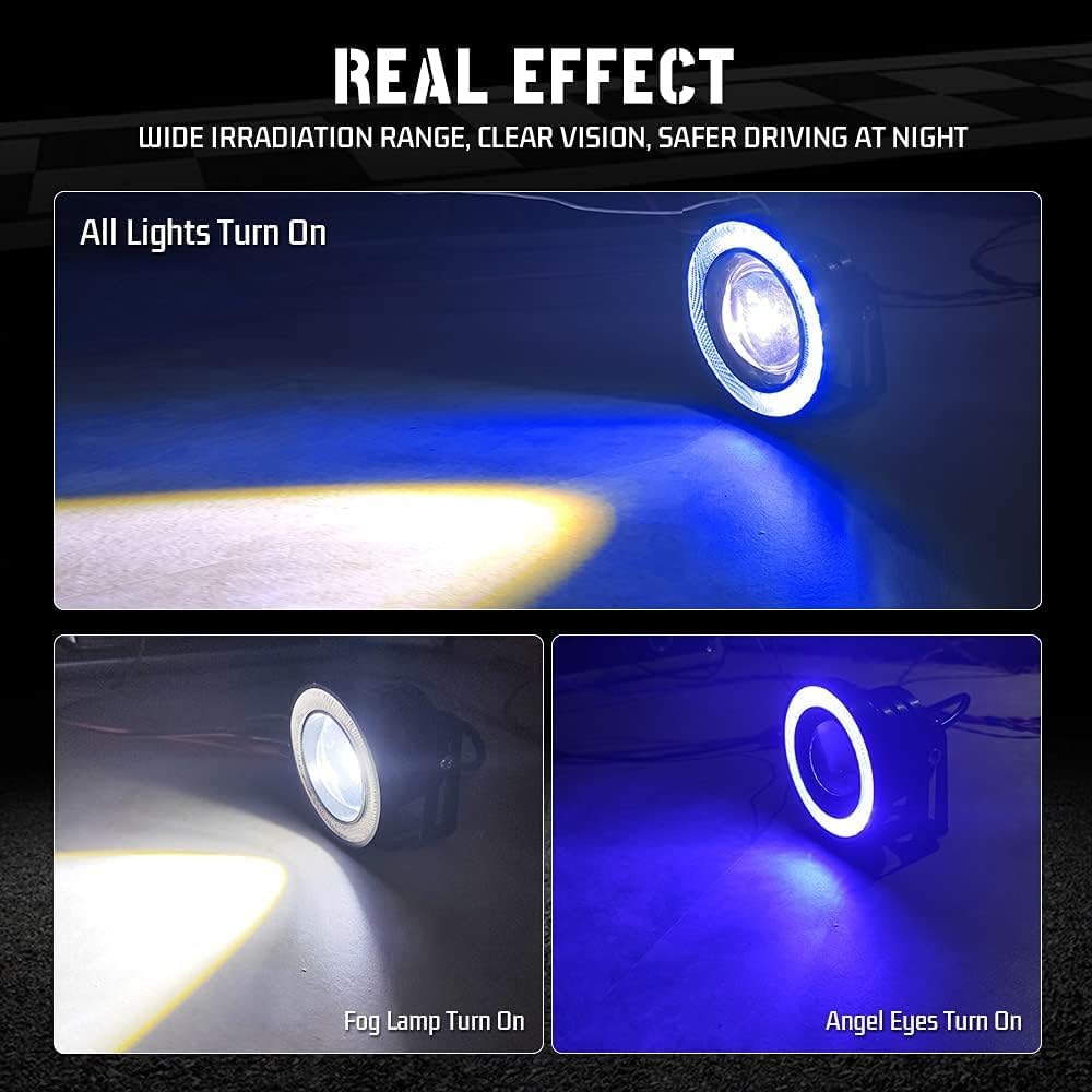 IJDMTOY 3-Inch Projector Fog Lights With Ultra Blue 40-LED Halo Angel Eyes - Universal Fit