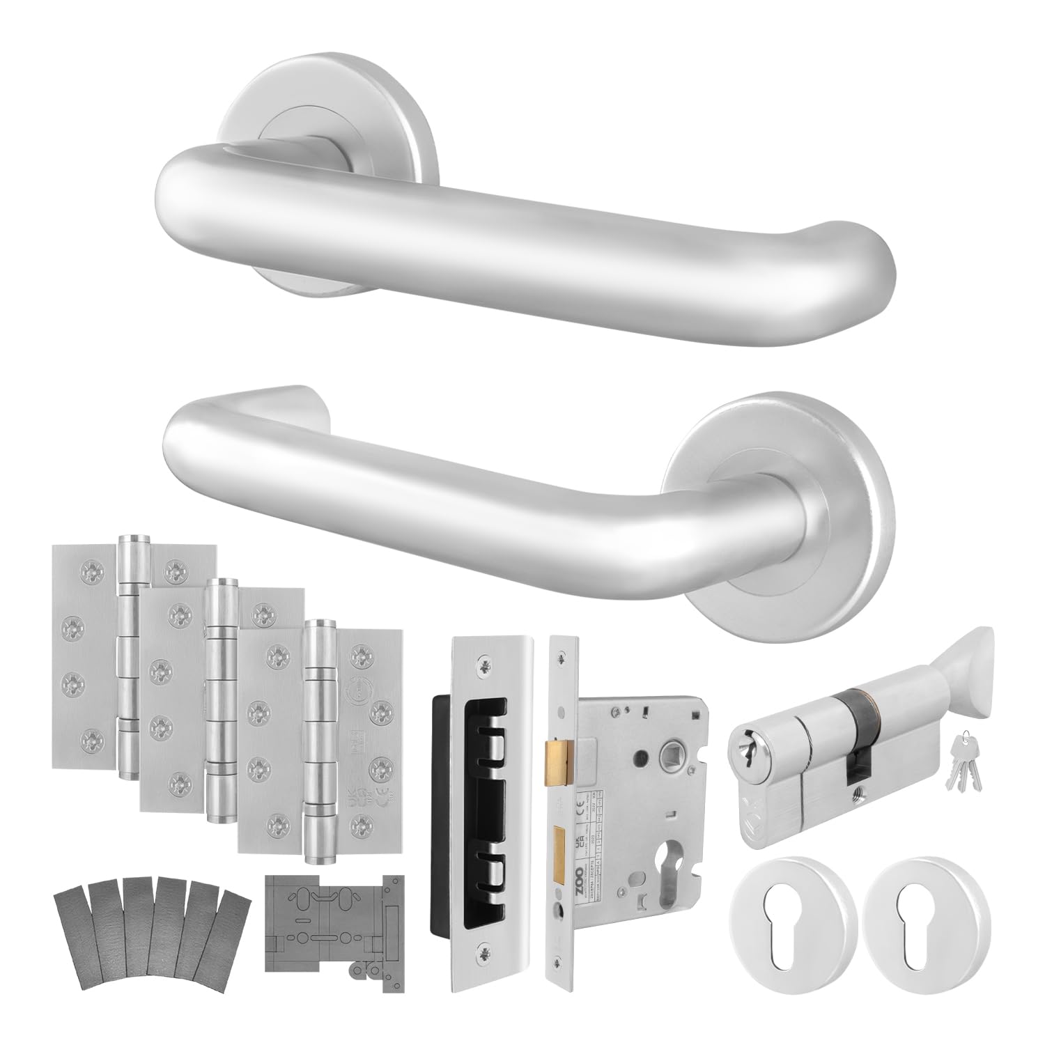 EAI Return to Door Lever on Rose Handle Euro Cylinder Lock, Hinge Kit for Fire Doors, Satin Aluminium 19mm Diameter Handle