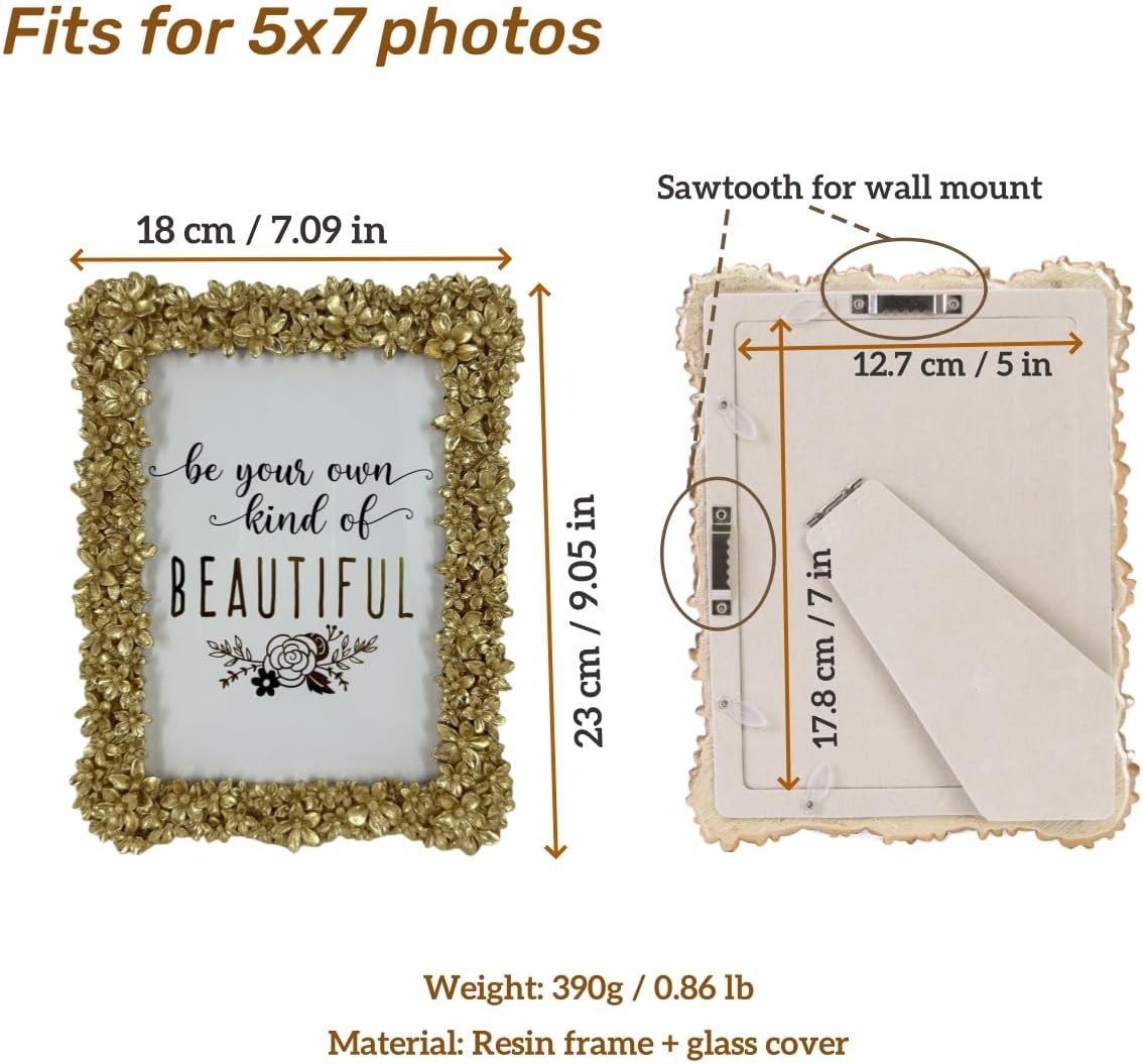 Vintage Picture Frame 5x7 Antique Golden Embossed Flowers Retro Ornate Photo Frame for Wall and Tabletop Display Floral Home Decor