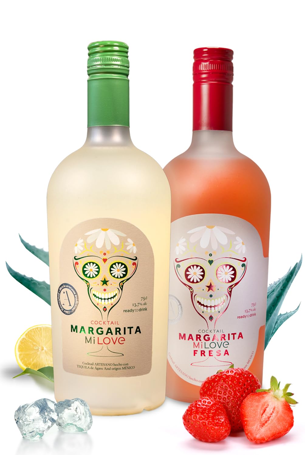 MiLove Margarita Clásico y Fresa – Cóctel Premium, artesano y natural – Pack 2 botellas elaborado con Tequila de Agave Azul (México), limón, fresa y licor triple seco – 2x75 cl.