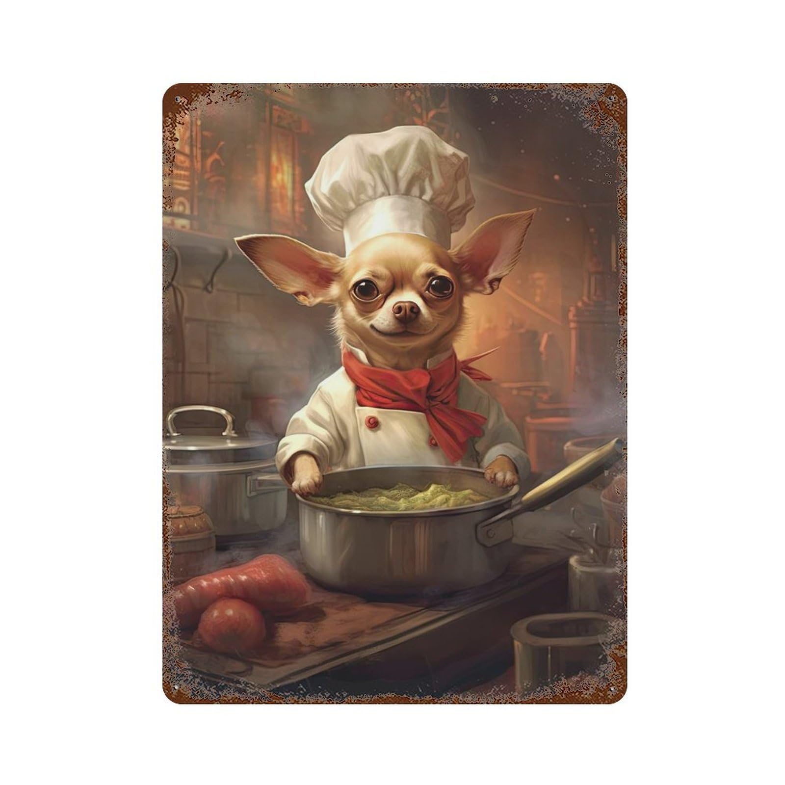 Aged Metal Wall Plaque with Chihuahua Chef Design 15.7"x11.8", for Cafe, Home Bar And Lounge Decor, Novelty Wall Decor