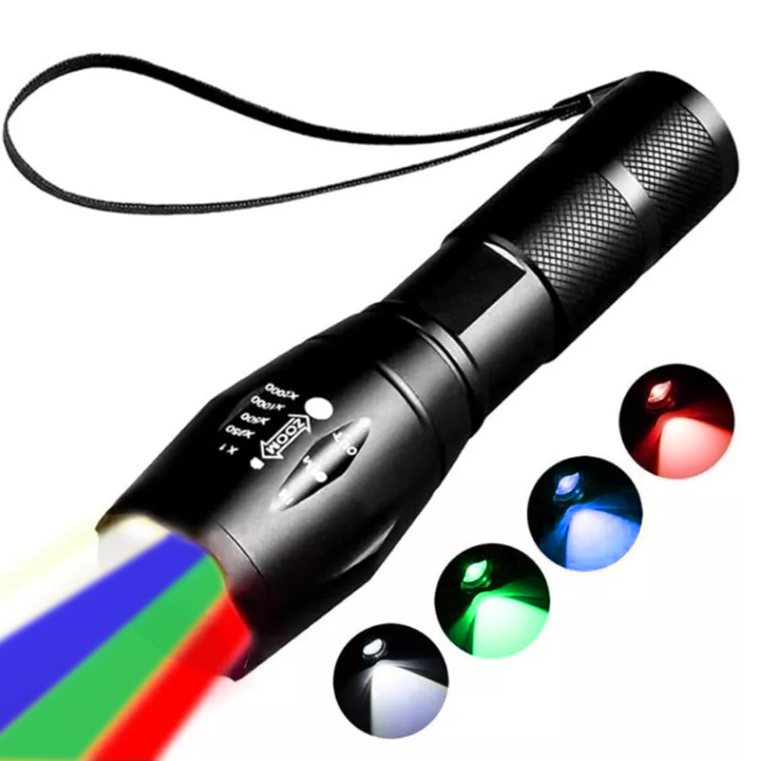 MODOAO 4 in 1 LED Torches Rechargeable Red, Green, Blue and White Light Torch Zoomable Waterproof Multicolour Torch 4 Modes Photo Refill Light for Fishing, Camping, Hiking