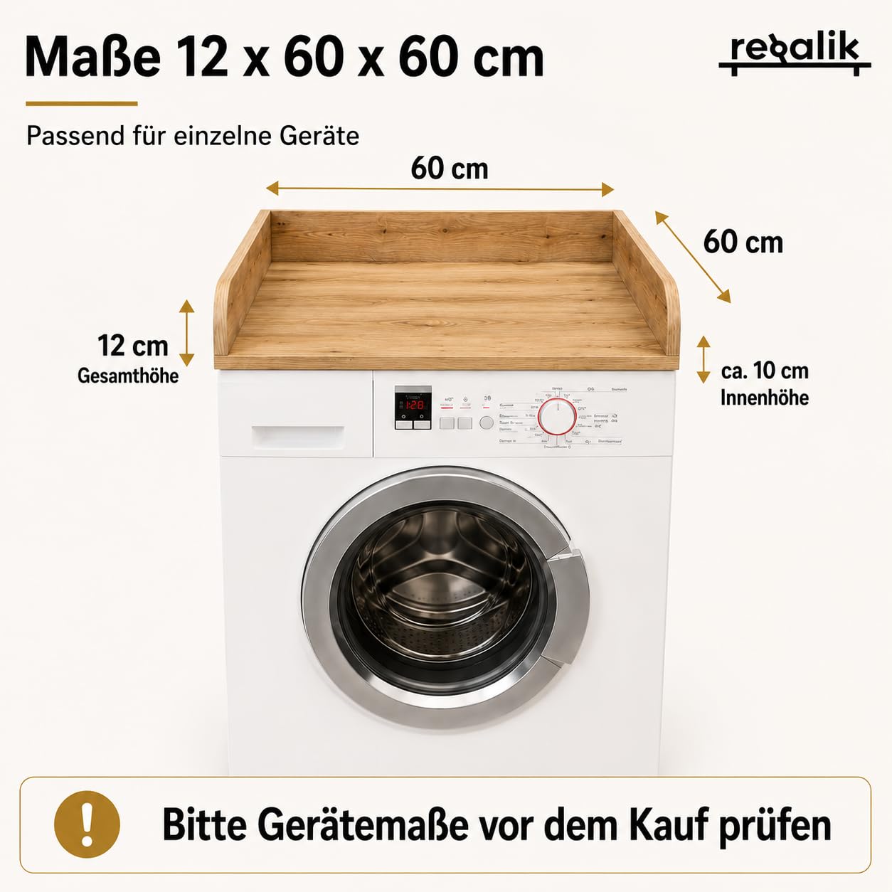 Blat Roboczy na Pralkę 12 x 60 x 60 cm, Dąb Evoke | Rozwiązanie oszczędzające miejsce do łazienki i pralni, łatwa w czyszczeniu powierzchnia, dodatkowe miejsce do przechowywania