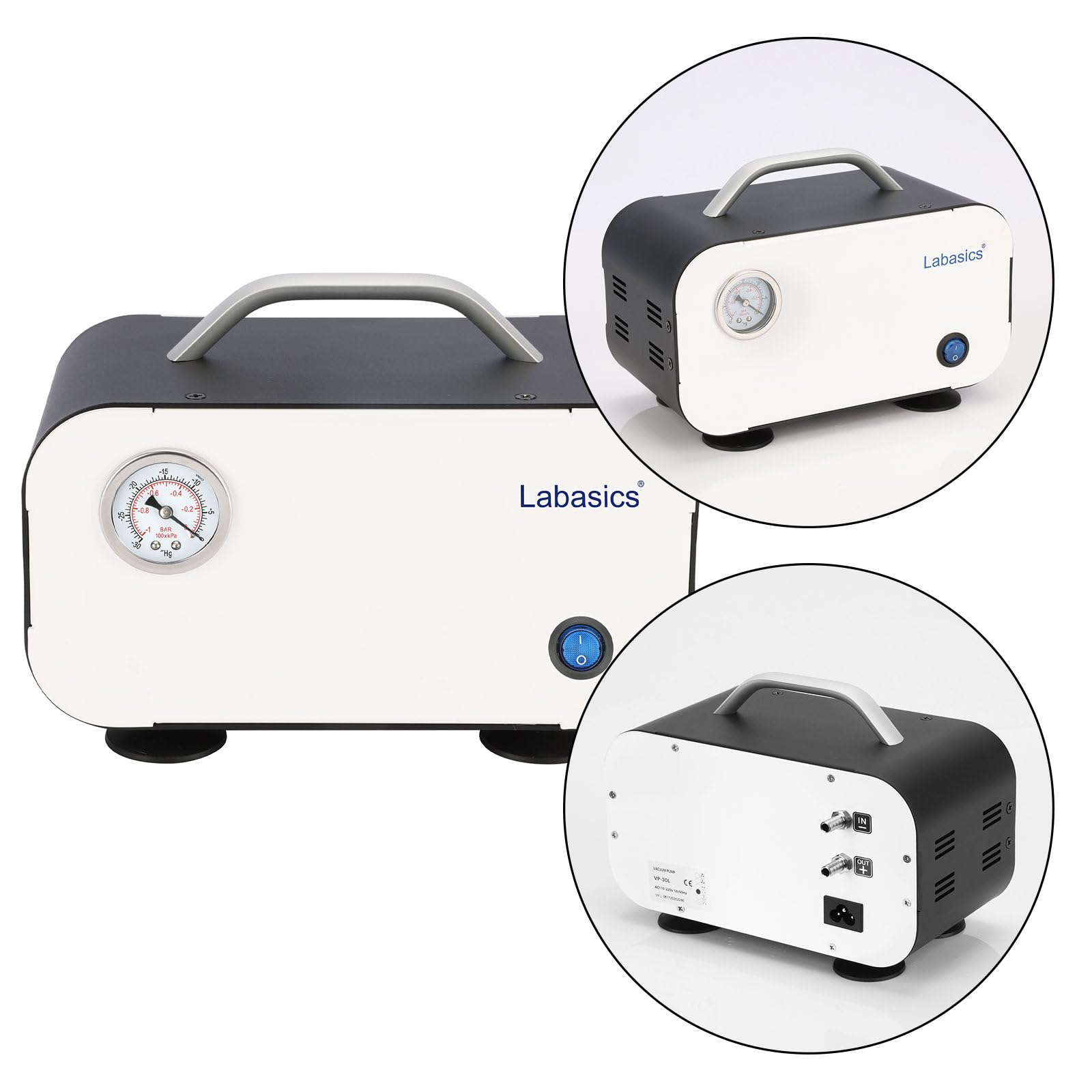 Labasics Membran Vakuumpumpe, Ölfreie Vakuumpumpe Tragbare Druckpumpe mit 30 L/min Förderleistung für Laborarbeiten mit Vakuumfiltration und Destillation, 110-220V