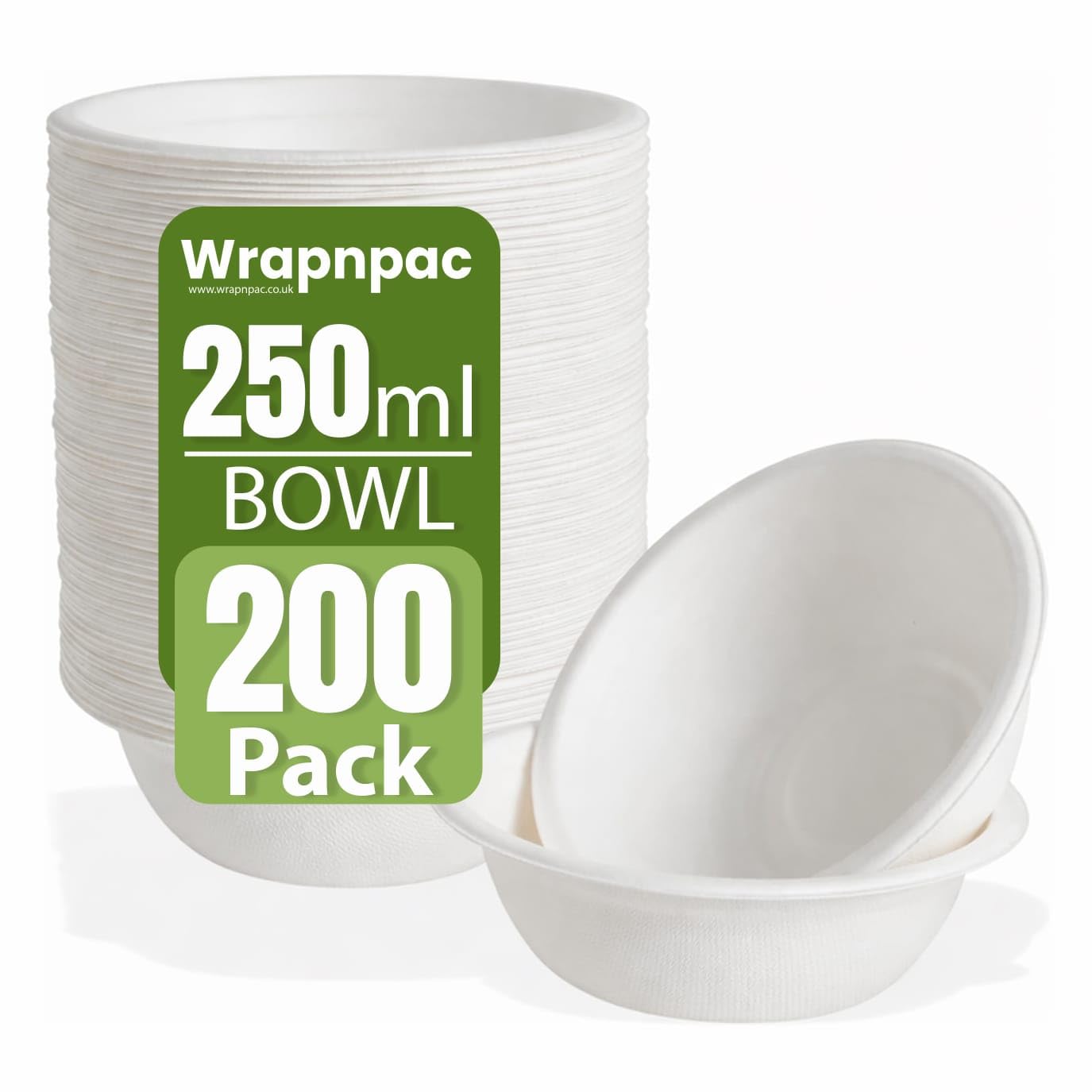 Wrap n Pac Biodegradable Bagasse Bowl 8oz/12oz Compostable, and Environment Friendly Bowl, Leak-Resistant Serving for Hot and Cold use, Microwave and Freezer Safe (200, 250ML)