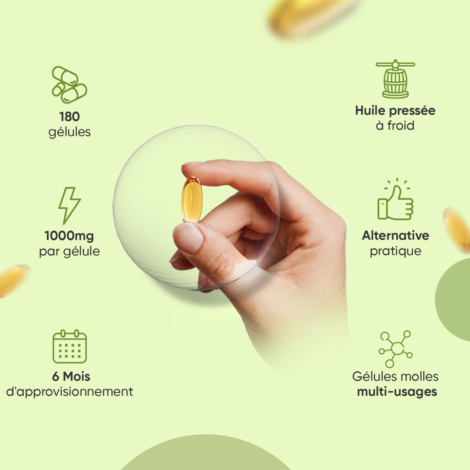 Huile de Graines de Chanvre 1000mg, 180 Gélules Omega 3 Vegan (6 Mois), Huile de Graines de Chanvre Pressées à Froid Riche en Omega 3 6 9 avec Acides Gras Essentiels et Vitamine E sans Arrière Goût