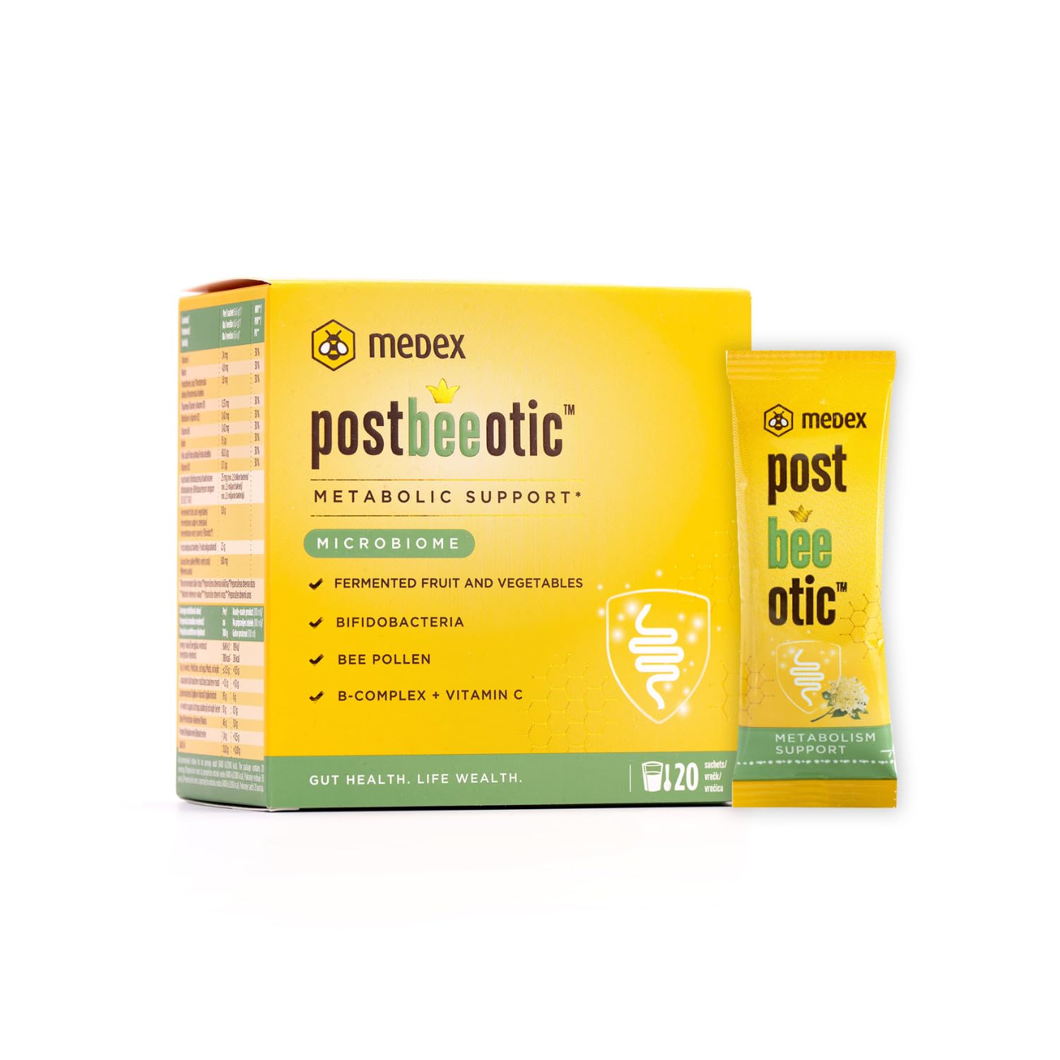 Medex Postbeeotic – Probiotika und Postbiotik mit inaktivierten Bifidobakterien, fermentierten Früchten & Gemüse, Vitamin C & B-Komplex – für Verdauung, Immunsystem & Darmflora – 20 Sachets