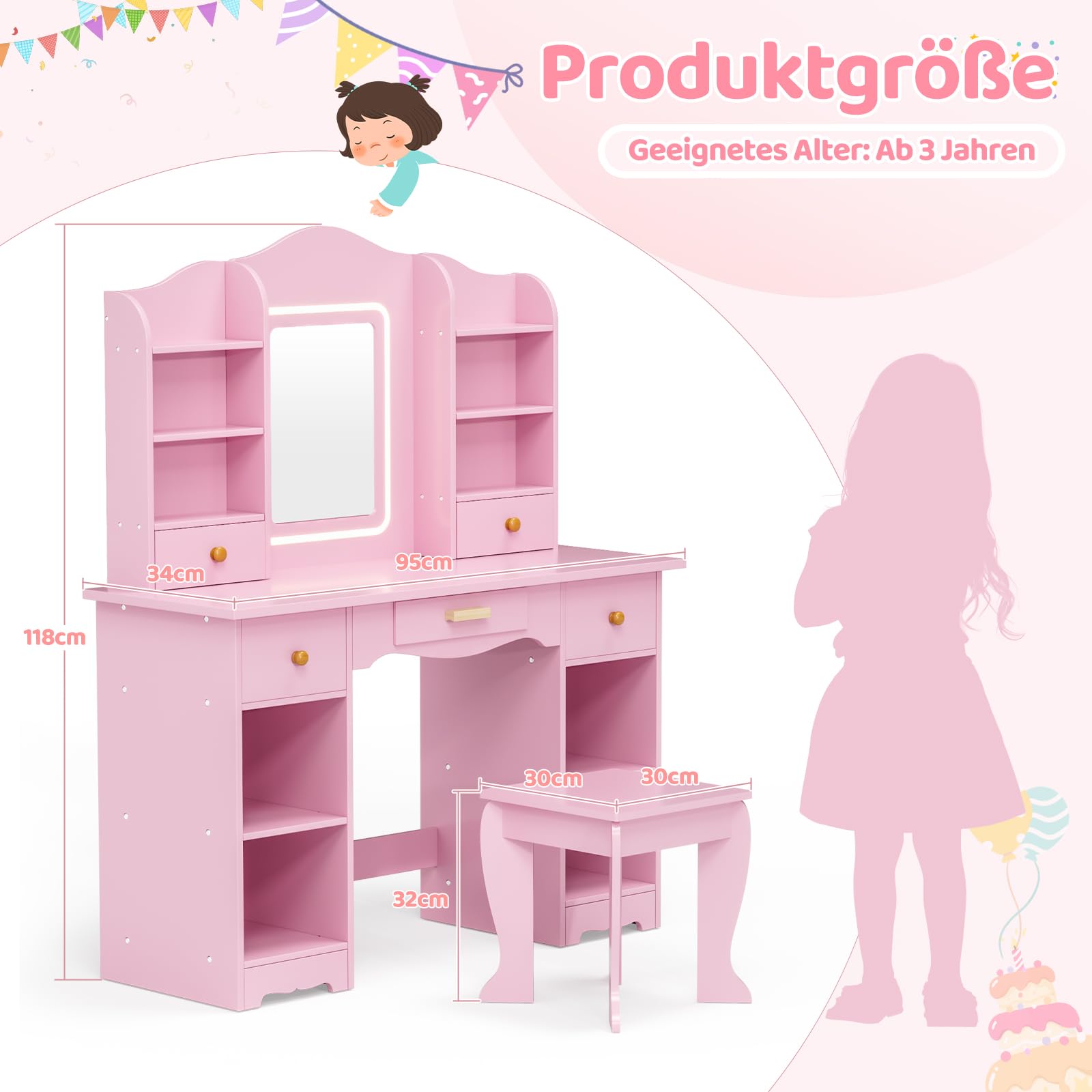 MAMIZO Schminktisch Kinder mit LED Beleuchtung, Kinderschminktisch mit Spiegel, Schreibtisch mit Hocker, 5 Schubladen und 10 Fächer, Prinzessin Frisiertisch, Schminktisch Mädchen ab 3, Rosa