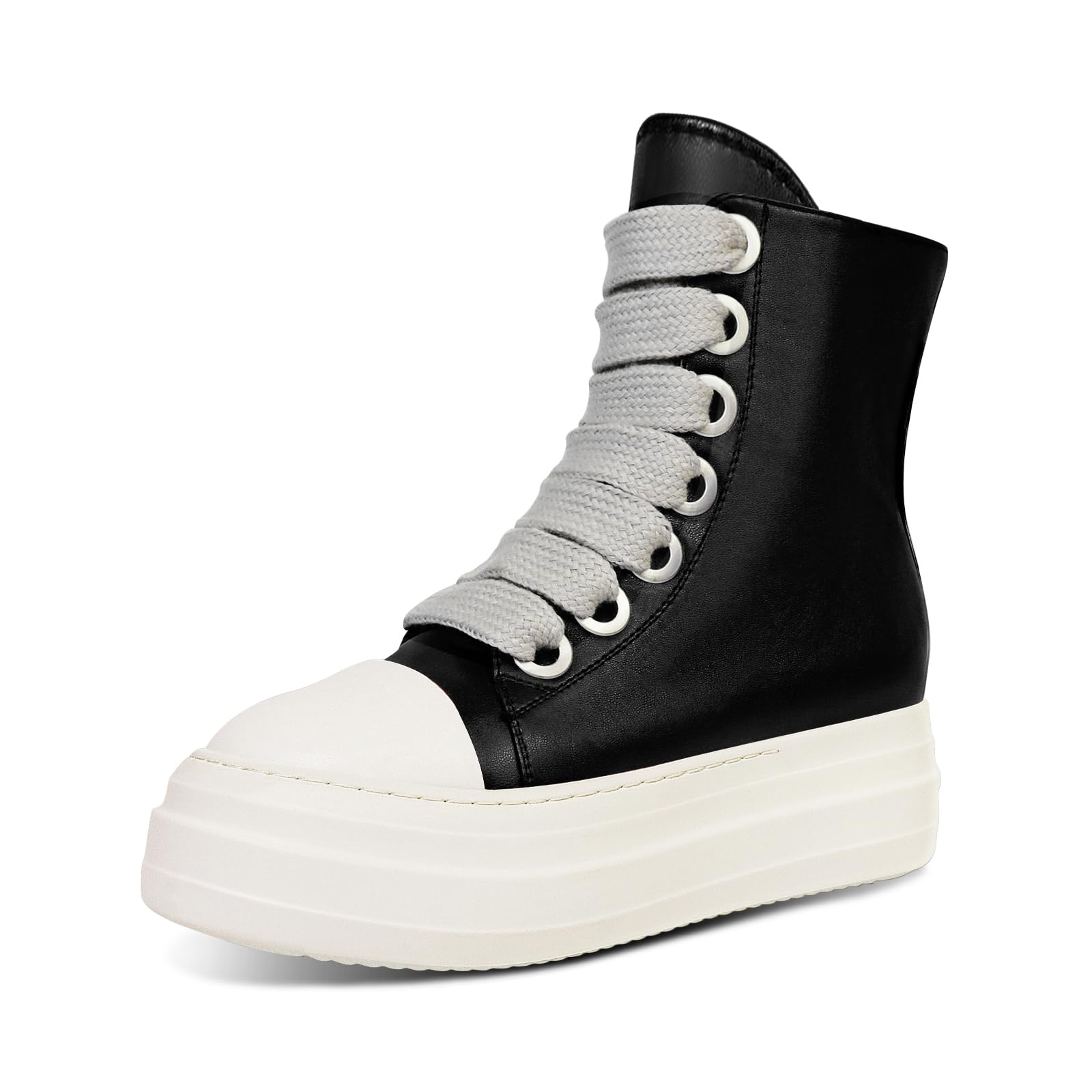 IMPREMEYWomen's High Top Sneakers Lace Up PU Leather Shoes with Thick Soles and Zipper Rough Tape, Fashionable Walking Shoes