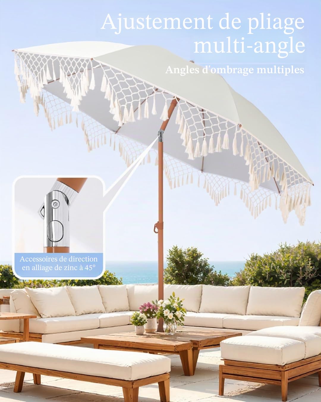 Générique Parasol De Plage 200cm Avec Pompons, Style Bohème, Parasol De Jardin Extérieur Inclinable, Design Inclinable, Pied Non Inclus Pour Pelouses, Piscines, Marchés